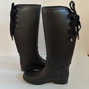 Coach Tristee Tall Black Rubber Matte Lace Up Slip on Rain Boots Size 8